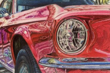 Front end of a Ford Mustang, done in colored pencil