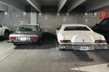 Took my '76 Lincoln Mk IV out for pizza, parked next to the next oldest car in the garage, an 80s Mercedes of a different size