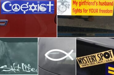 You're on the road and the person in front of you has these bumper stickers. What are they driving?