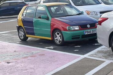 [Volkswagen Harlequin Golf] with European license plate at my US high school