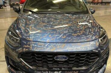 The final Ford Fiesta to leave the assembly line signed by all the people who made it