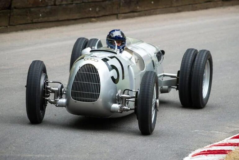 1936 Auto Union Type C. 520 horsepower. The engine is behind the driver because the typical Grand Prix car layout was reversed.