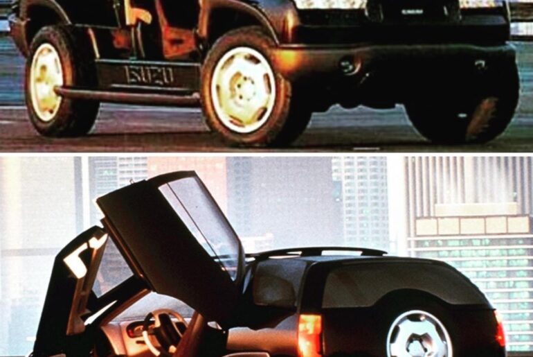 The 1993 Isuzu XU-1, designed by Chris Chapman, was a futuristic 4WD concept with gull-wing doors. Its bold design led to a feasibility study and influenced future off-road models.