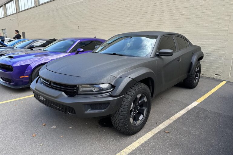 A [Dodge Charger] at cars and coffee this morning