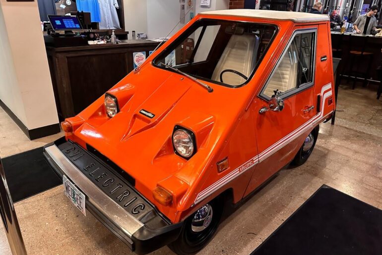 Sebring-Vanguard CitiCar. Parked in a Brewery Lobby.