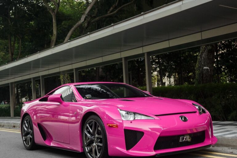 A Lexus LFA finished in “Passionate Pink”. This color was a factory option for the LFA and only two LFAs were finished in this color [1290x1121]