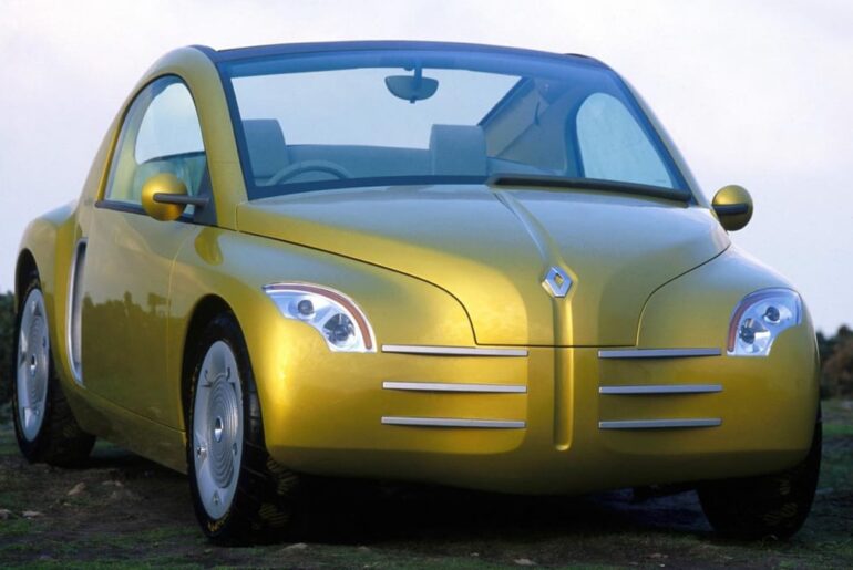 The 1996 Renault Fiftie Concept celebrated the 50th anniversary of the 4CV with retro styling inspired by the classic model. Built on the mid-engine platform of the Renault Sport Spider, it featured a modest 1.2-liter engine, blending nostalgia with modern engineering.